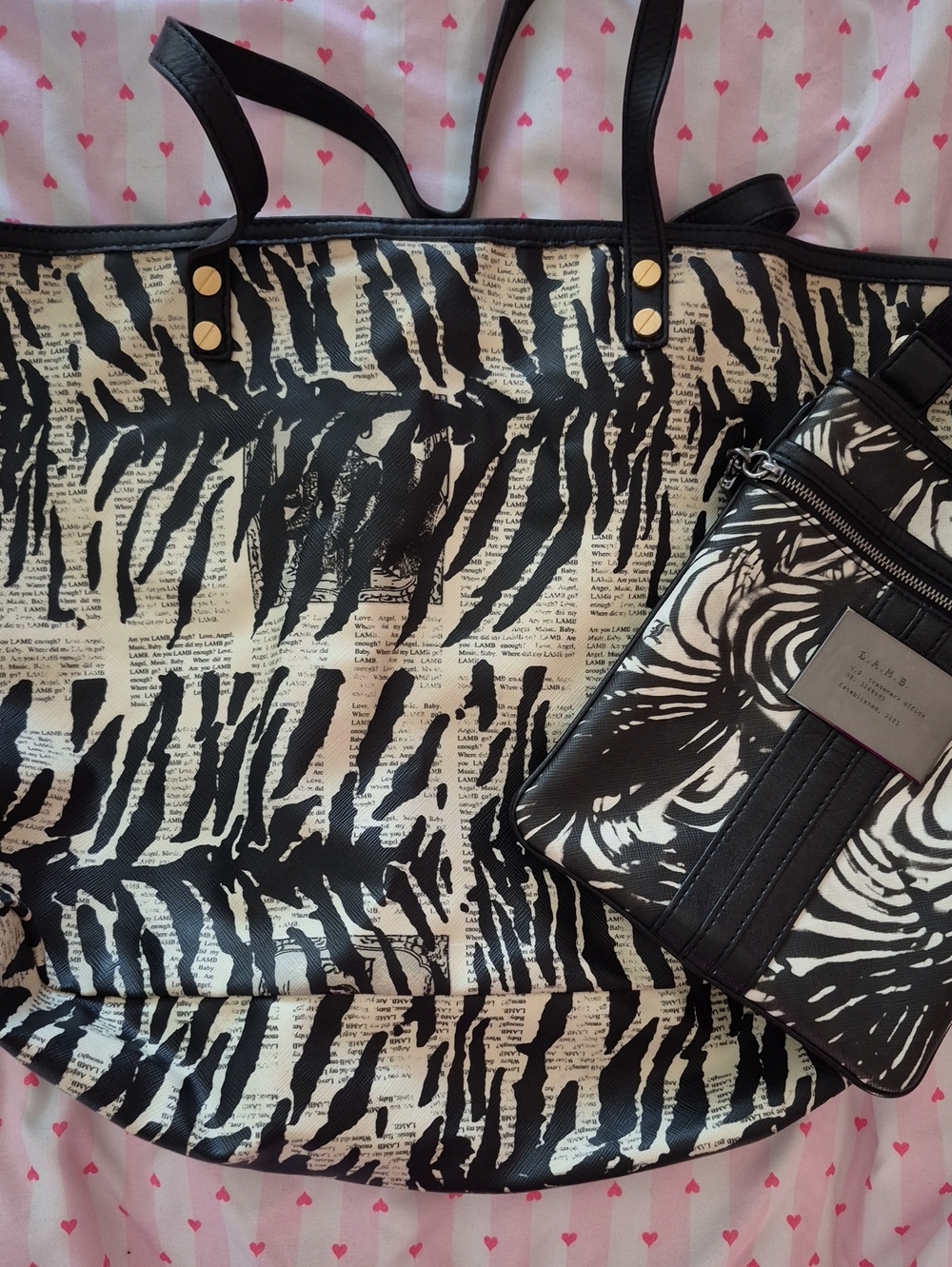 L.A.M.B. Black and White Zebra Newspsper Print Tote with Matching Crossbody